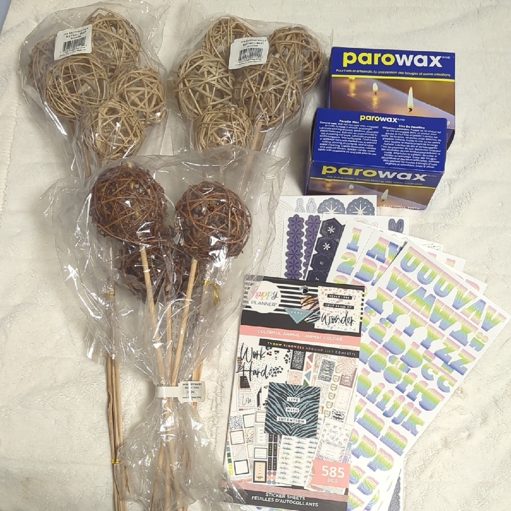 Miscellaneous Craft Supplies: Rattan Balls, Parowax, Stickers